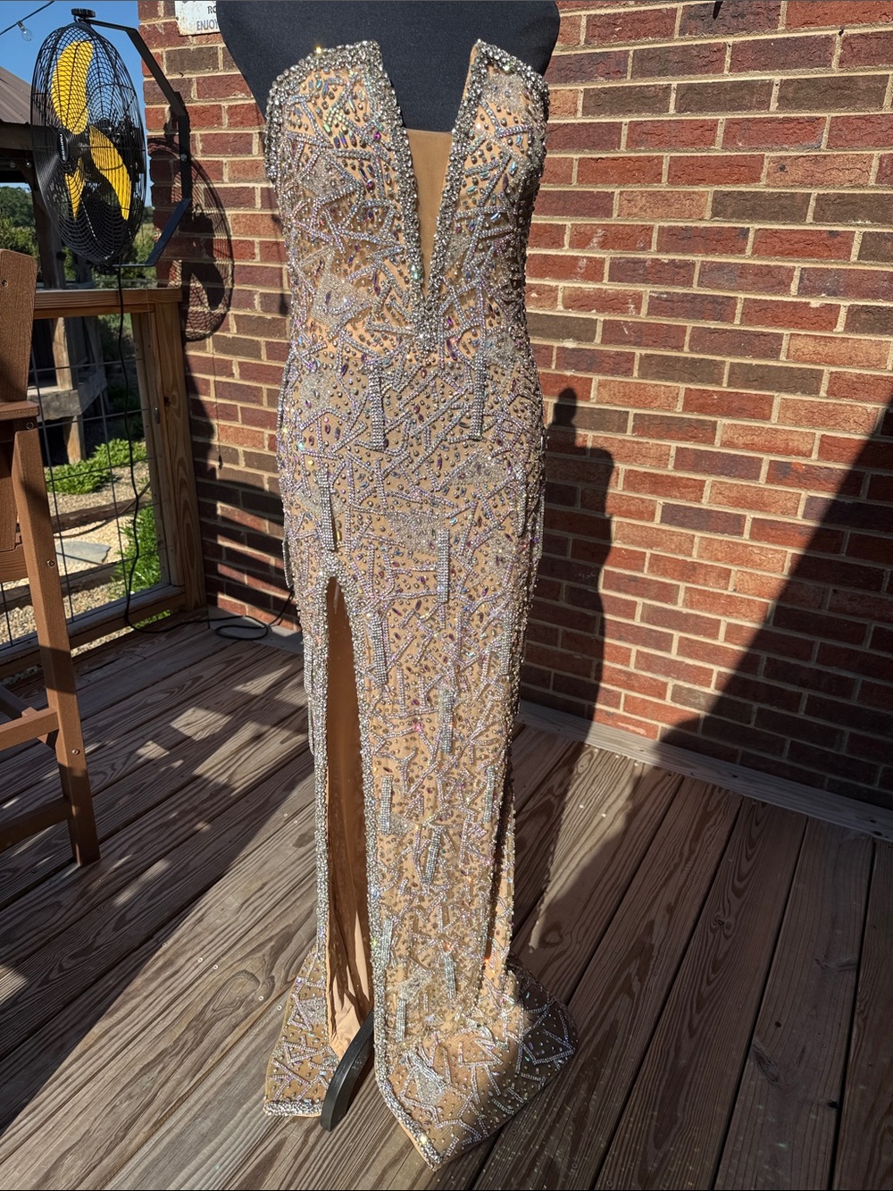 Nude Beaded Plunge Evening Gown with High Slit